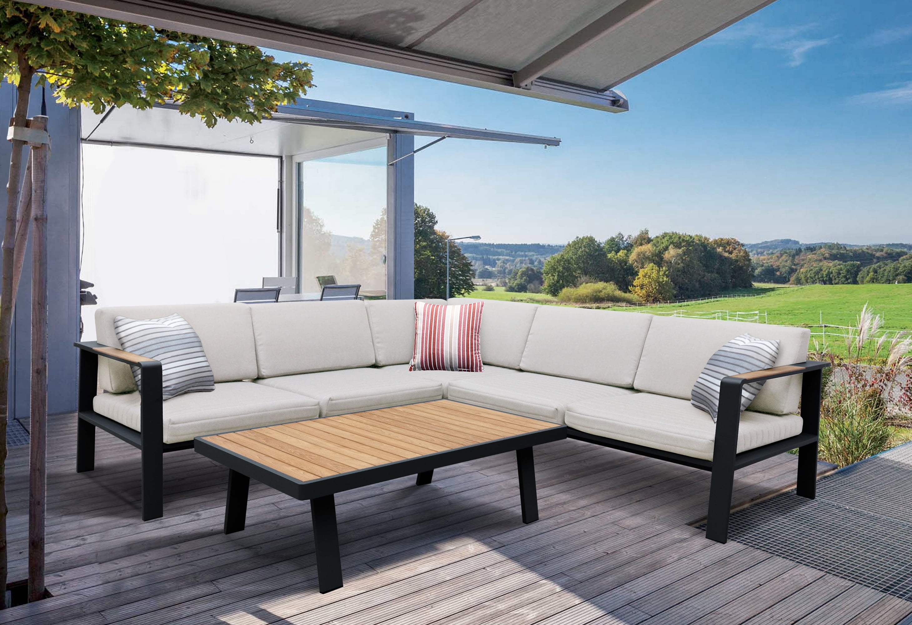 Picture of Armen Living SETODNOSEBE 31 x 22 x 26 in. Nofi Outdoor Patio Sectional Set&#44; Gray with Taupe Cushions & Teak Wood