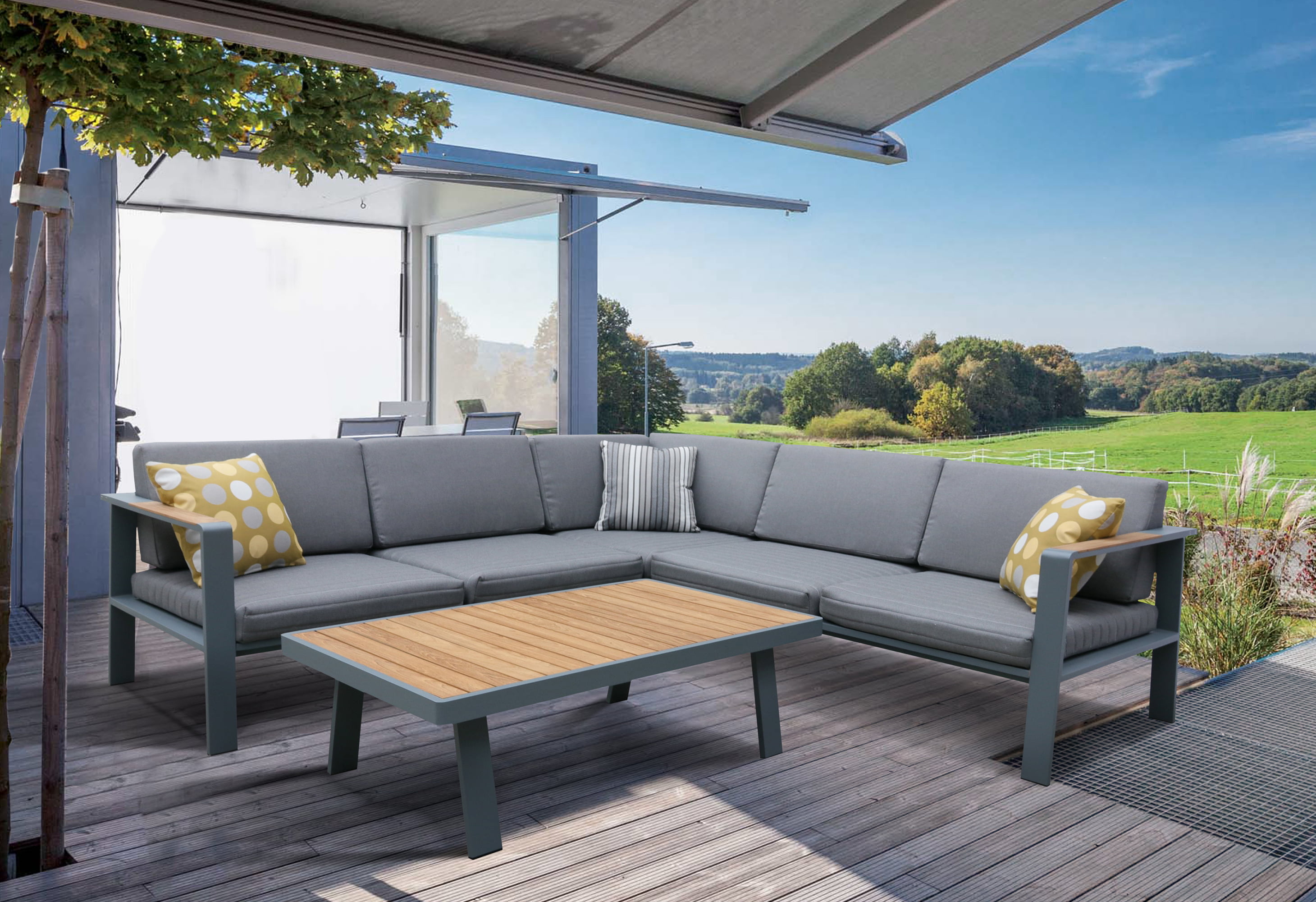 Picture of Armen Living SETODNOSEGR 29 x 59 x 32 in. Nofi Outdoor Patio Sectional Set&#44; Charcoal with Gray Cushions & Teak Wood