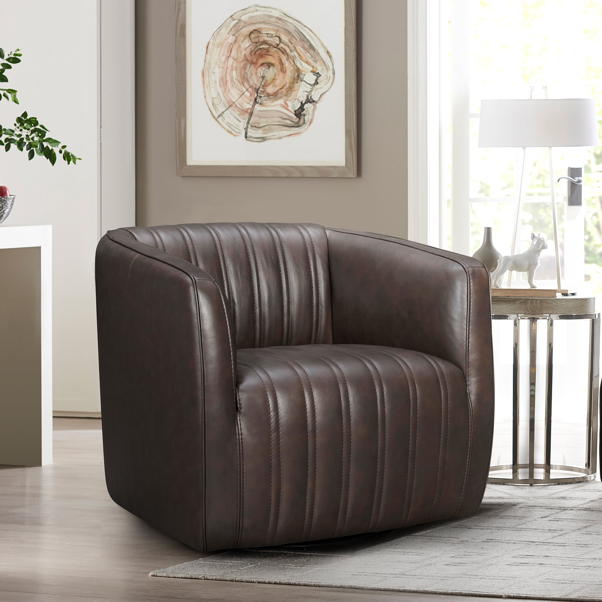 Picture of Armen Living LCARCHES 26.38 x 31.13 x 30.38 in. Aries Genuine Leather Swivel Barrel Chair&#44; Espresso
