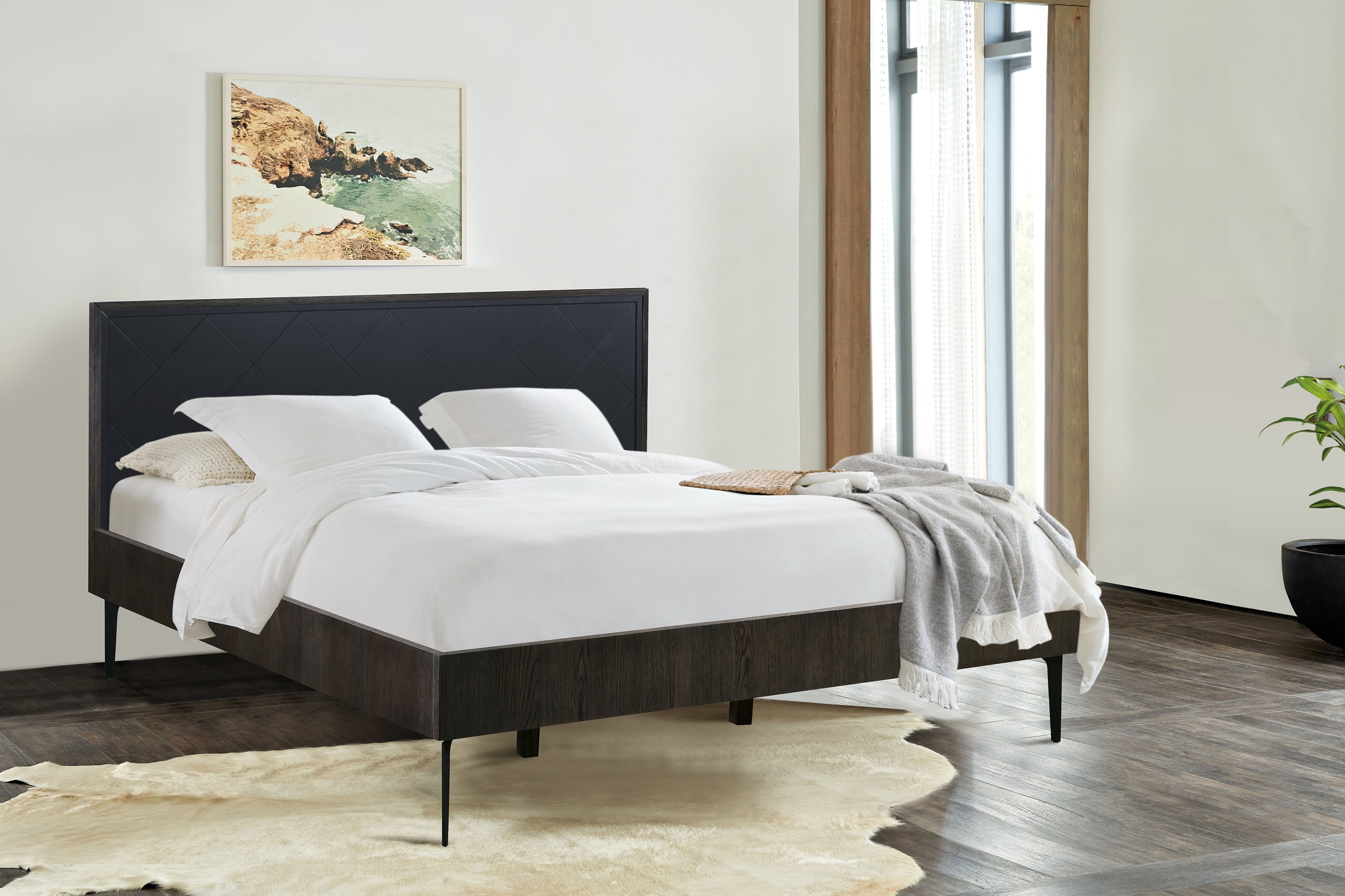 Frame Cross Solid Oak & Metal King or Queen Platform Bed, Dark Gray -  SeatSolutions, SE3321519