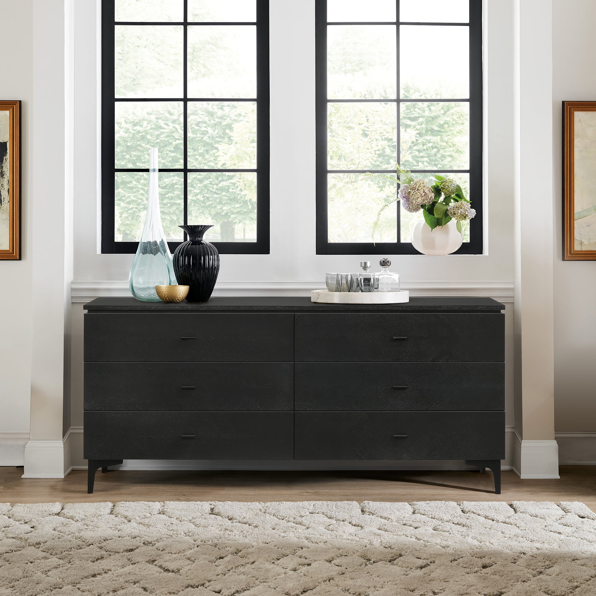 Picture of Armen Living LCLEDRBL Legend Black Glaze Ash Veneer 6 Drawer Dresser with Metal Legs
