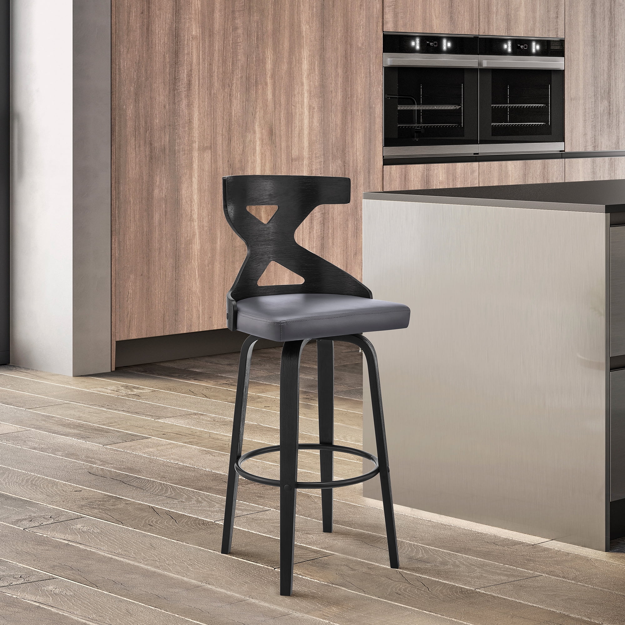Picture of Armen Living LCGGBABLGR26 39 x 18 x 19 in. Gayle Swivel Cross Back Faux Leather & Wood Bar Stool&#44; Grey & Black