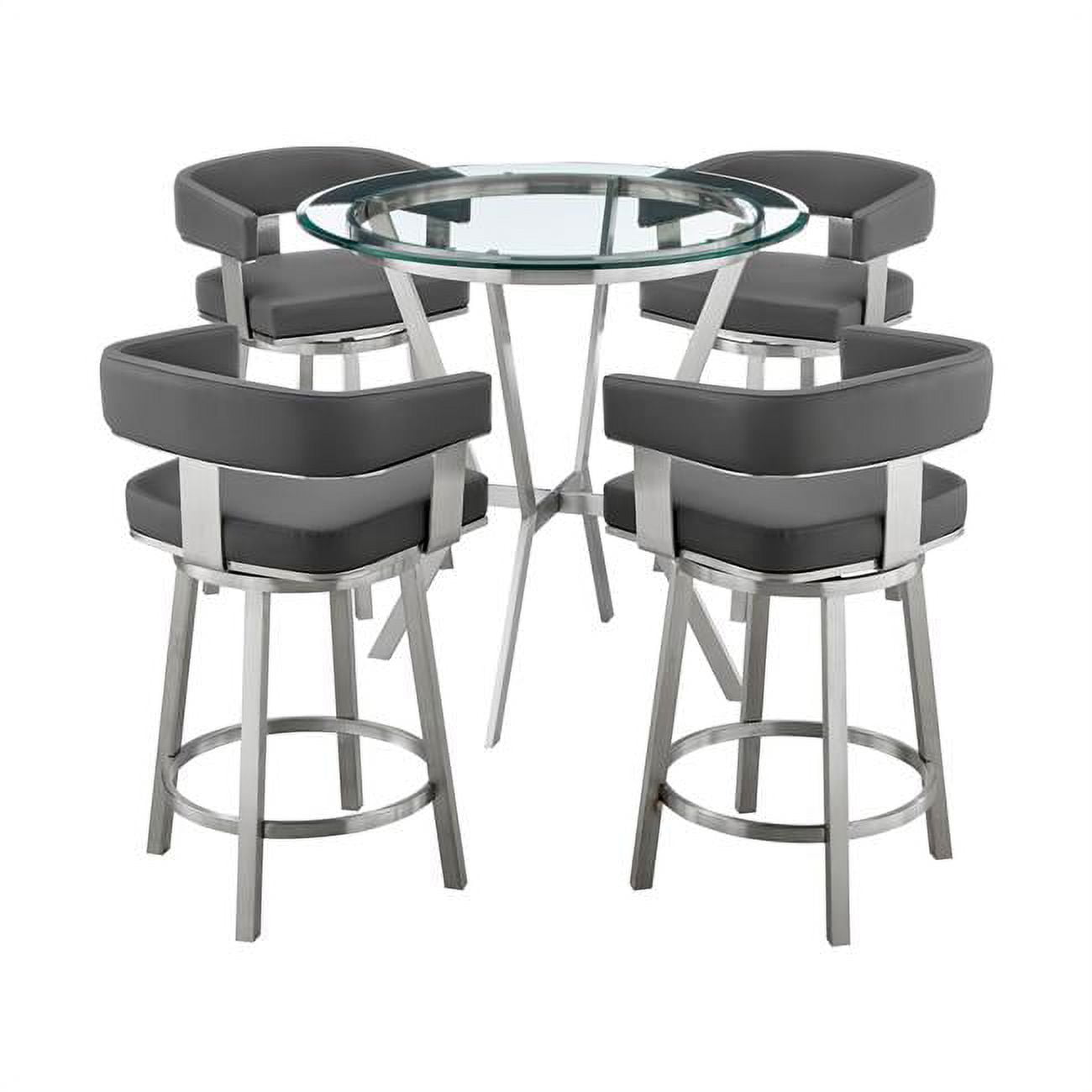 SETNMLRGRBS5 Naomi & Lorin Counter Height Dining Set, Brushed Stainless Steel & Grey Faux Leather - 5 Piece -  Armen Living