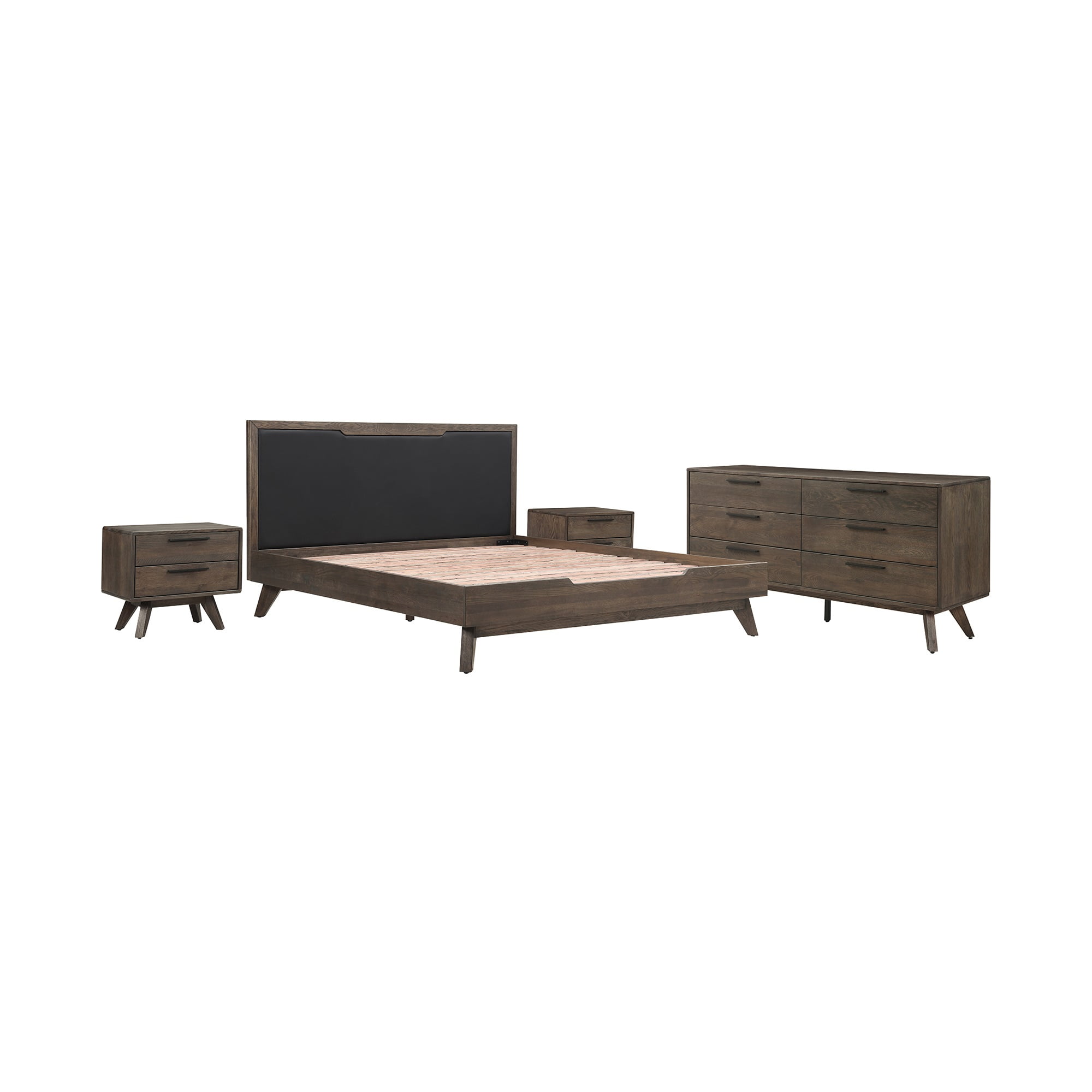 SETAHBDKG4A Astoria Bedroom Set, Oak & Black Faux Leather - King Size - 4 Piece -  Armen Living