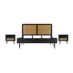 SETSRBDKG3A Saratoga Bedroom Set in Black Acacia Wood & Rattan - King Size - 3 Piece -  Armen Living