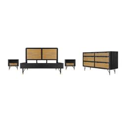 SETSRBDKG4A Saratoga Bedroom Set in Black Acacia Wood & Rattan - King Size - 4 Piece -  Armen Living