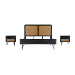 SETSRBDQN3A Saratoga Bedroom Set in Black Acacia Wood & Rattan - Queen Size - 3 Piece -  Armen Living