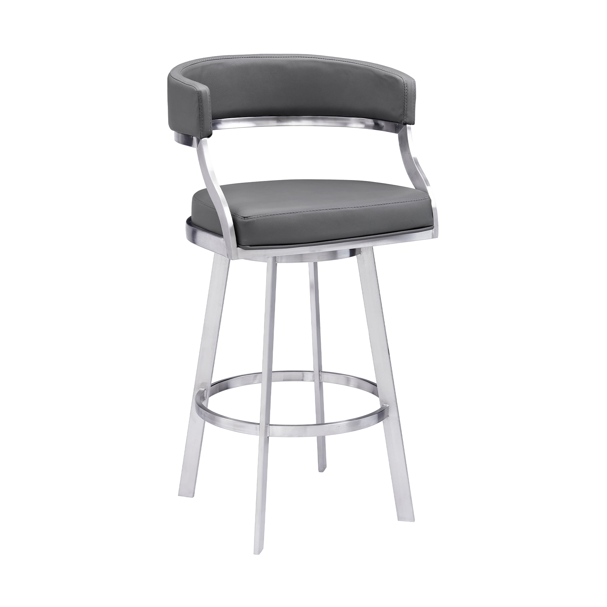 Picture of Armen Living 840254335127 30 in. Dione Bar Height Swivel Grey Faux Leather & Brushed Stainless Steel Bar Stool