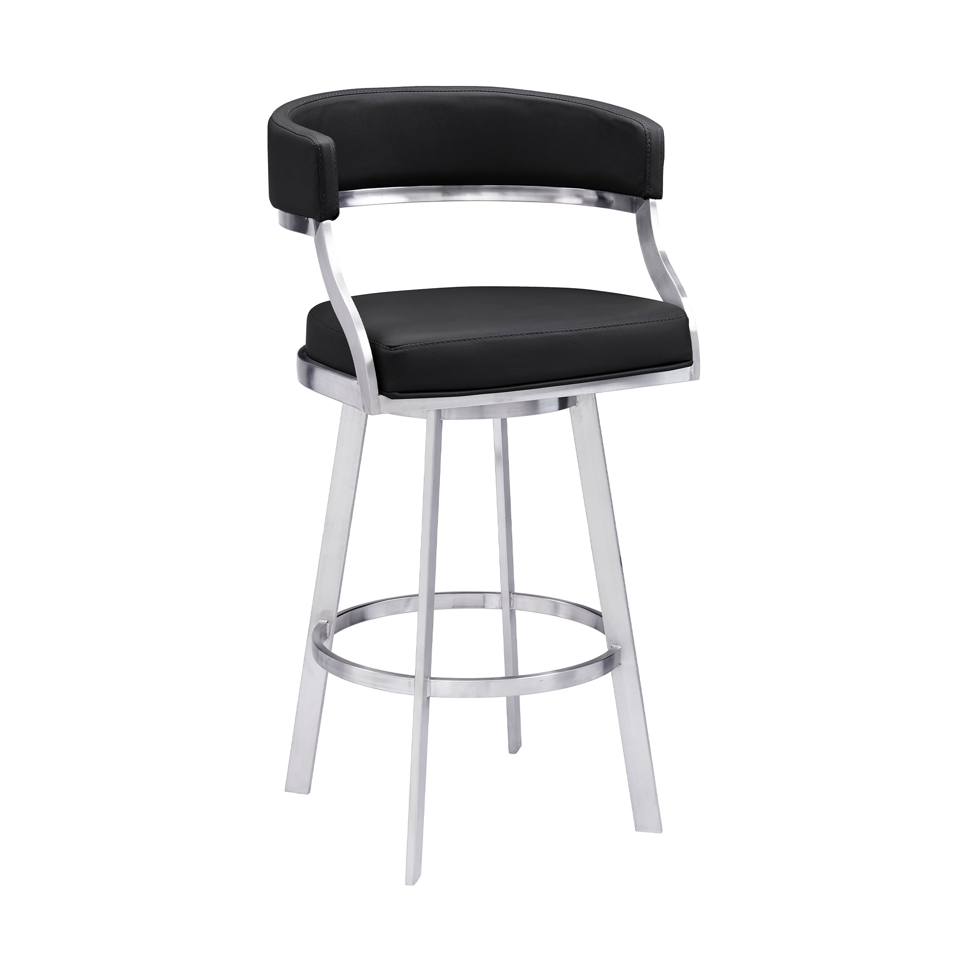 Picture of Armen Living 840254335141 30 in. Dione Bar Height Swivel Black Faux Leather & Brushed Stainless Steel Bar Stool