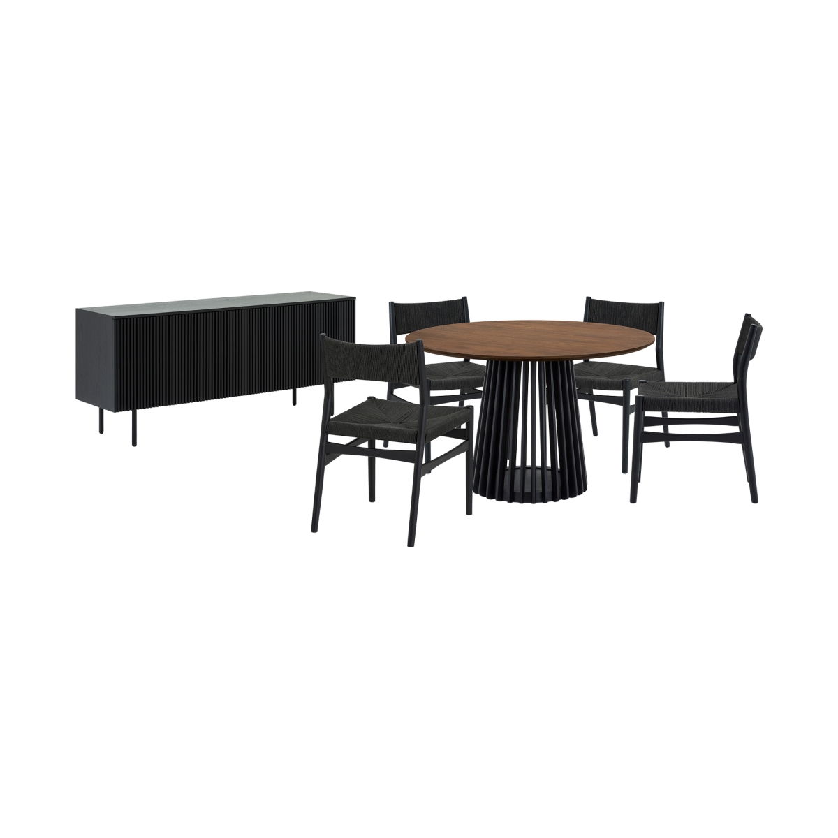 Picture of Armen Living SETRPAWAL6ERBLK Pasadena Erie Round Dining Set with Buffet & Paper Cord Chairs - Black Finish with Walnut Finish Table Top - 6 Piece