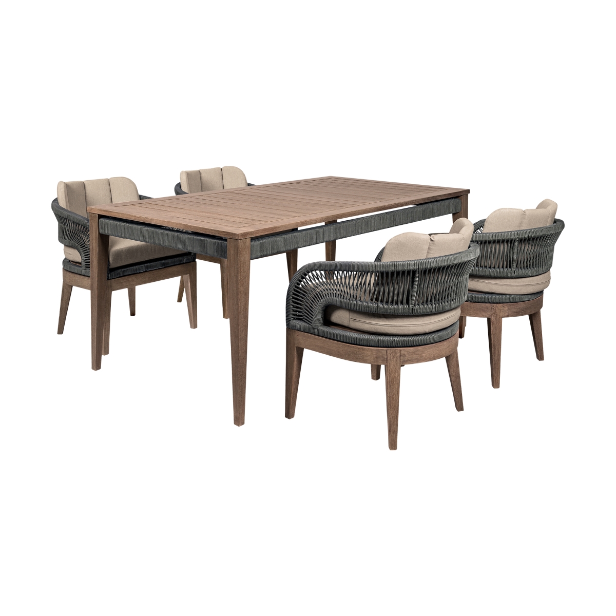 SETORDI5EUCTP Orbit Outdoor Patio Dining Set, Weathered Eucalyptus Wood with Gray Rope & Taupe Olefin Cushions - 5 Piece -  Armen Living