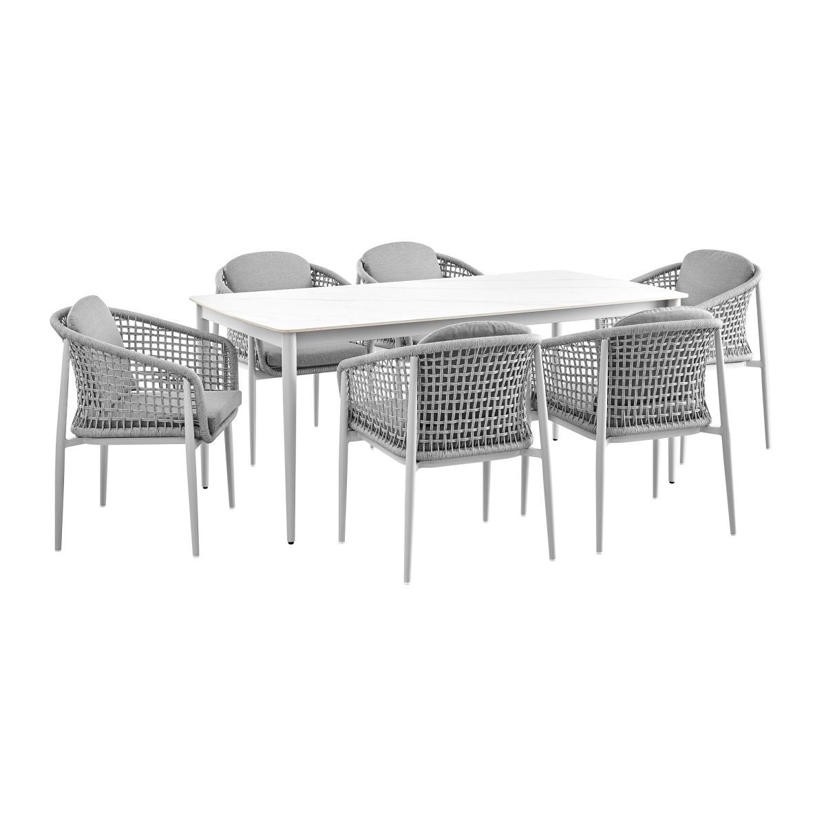 SETODRH7GRY Rhodes Outdoor Aluminum Patio Dining Set, Sintered Stone & Gray Cushions - 7 Piece -  Armen Living