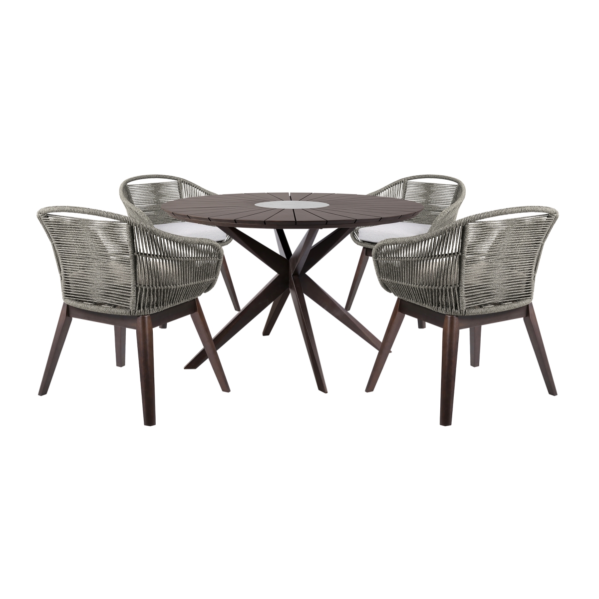 SETODOATFGRY Oasis Tutti Frutti Outdoor Patio Round Dining Set, Eucalyptus Wood with Gray Rope & Cushions - 5 Piece -  Armen Living