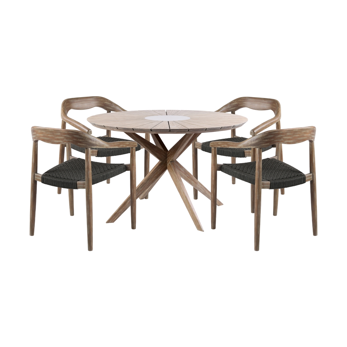 SETODOASA5LT Oasis Santo Outdoor Patio Round Dining Set, Eucalyptus Wood & Charcoal Rope - 5 Piece -  Armen Living