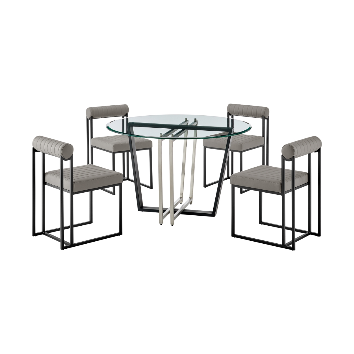 Picture of Armen Living SETDE5BLKPGRY Devi Anastasia Round Glass Dining Table Set with Matte Black Iron & Light Gray Faux Leather - 5 Piece