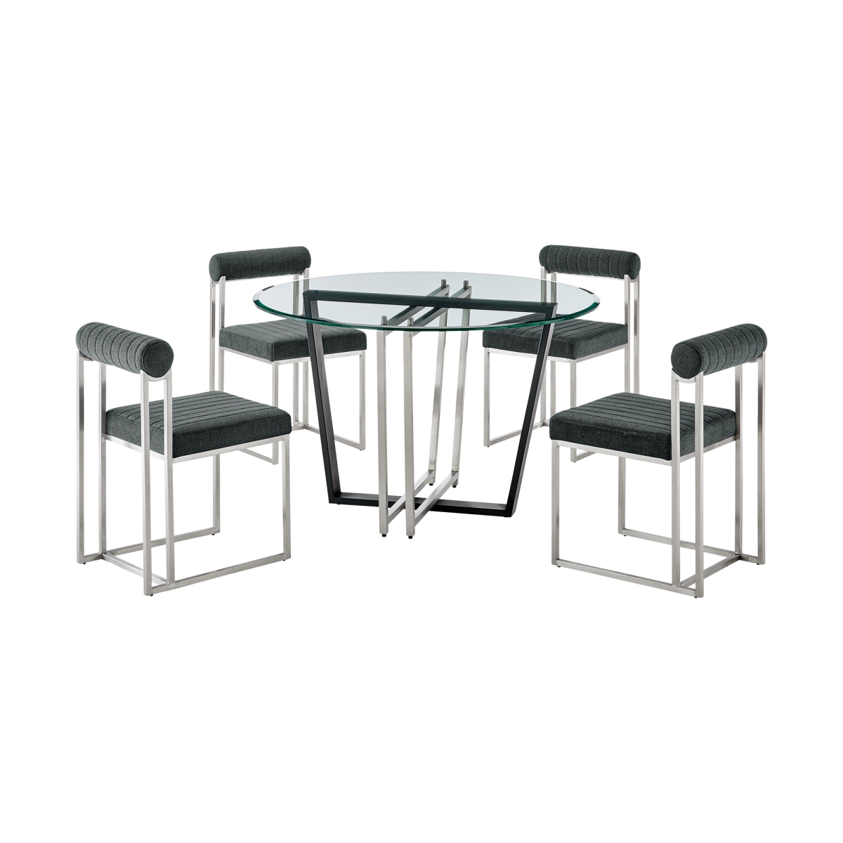 Picture of Armen Living SETDE5BSCH Devi Anastasia Round Glass Dining Table Set with Brushed Stainless Steel & Charcoal Fabric - 5 Piece