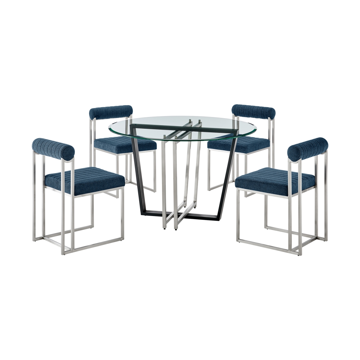 Picture of Armen Living SETDE5BSBLU Devi Anastasia Round Glass Dining Table Set with Brushed Stainless Steel & Blue Fabric - 5 Piece