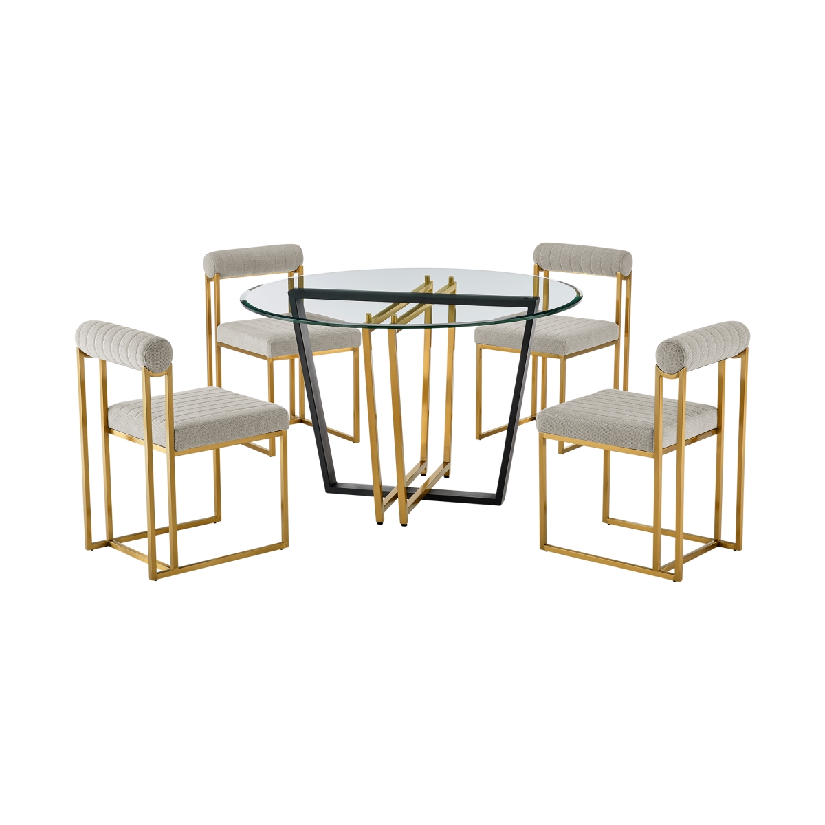 Picture of Armen Living SETDE5BGLTP Devi Anastasia Round Glass Dining Table Set with Gold Brushed Stainless Steel & Taupe Fabric - 5 Piece