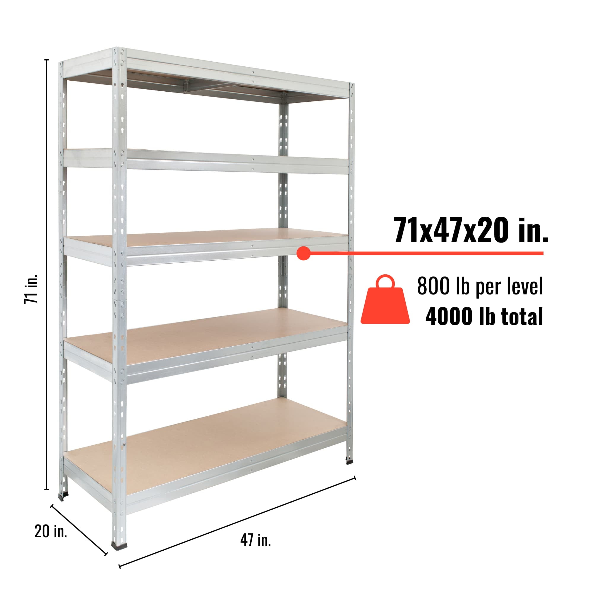 47.2 x 20 x 71 in. Galvanized Storage Rack with 5-Tier Freestanding Shelf Unit - 800 lbs -  KD Marco de la cama, KD2755232