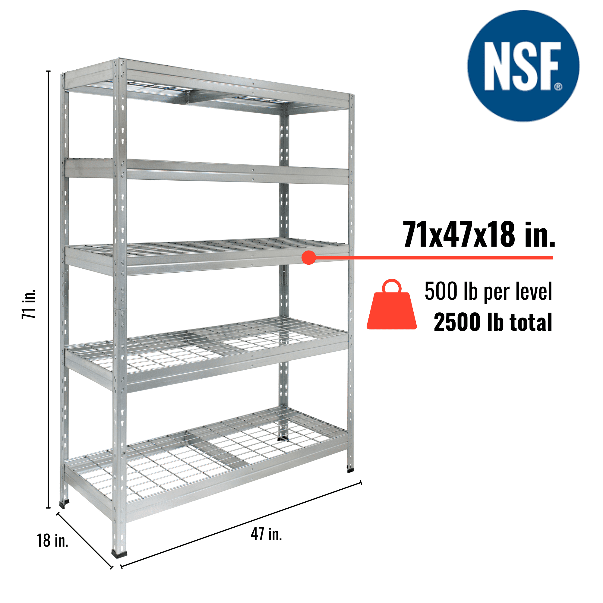 47.2 x 18 x 71 in. Galvanized Storage Rack with 5-Tier Wire Rust Resistance Freestanding Shelving Unit - 500 lbs -  KD Marco de la cama, KD2756950