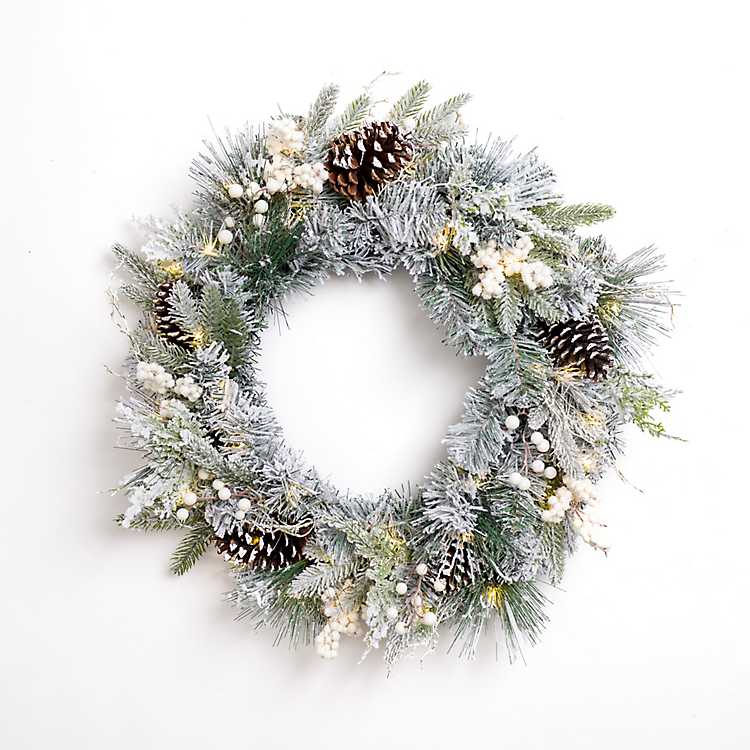 X10 D001W24017PX Flocked Pine Berry & Pinecone Wreath, Multi Color