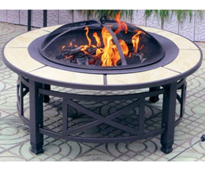 T70 400340 Round Fire Pit with Tile Accents, Black & Tan