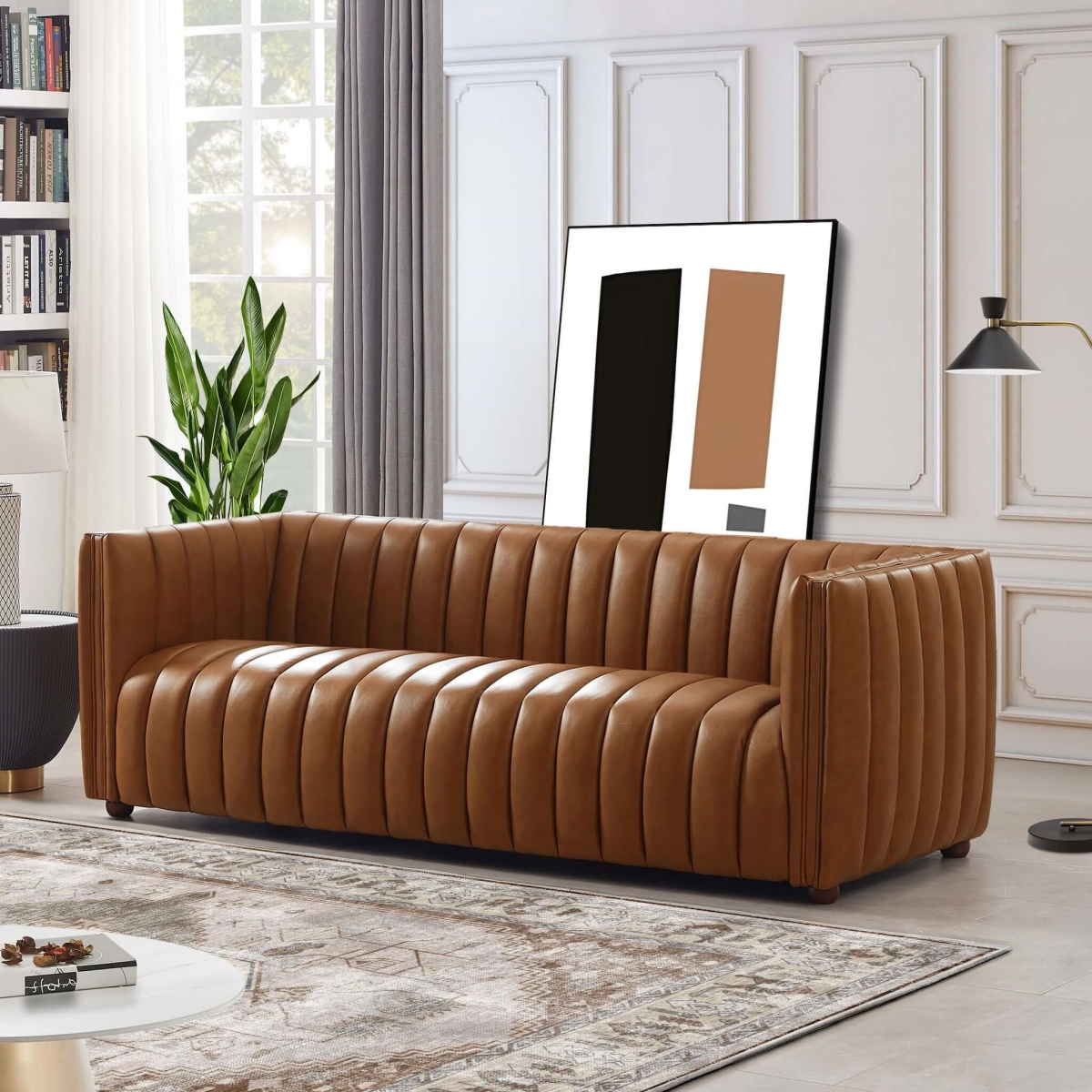 Picture of Ashcroft Furniture SOF00303601 April Mid Century Modern Luxury Tight Back Leather Couch&#44; Cognac