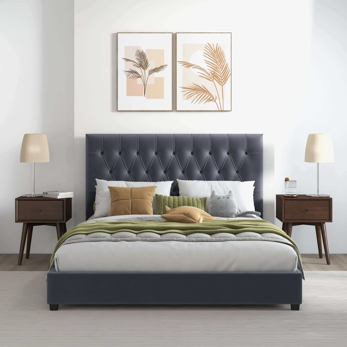 Picture of Ashcroft Furniture BED00500604 Donald Mid Century Modern Velvet Platform Bed&#44; Gray - King Size