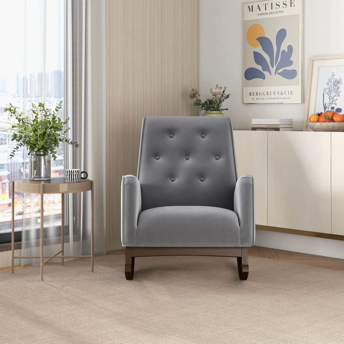 Picture of Ashcroft Furniture RCH00500504 Demetrius Light Fabric Solid Wood Rocking Chair&#44; Gray
