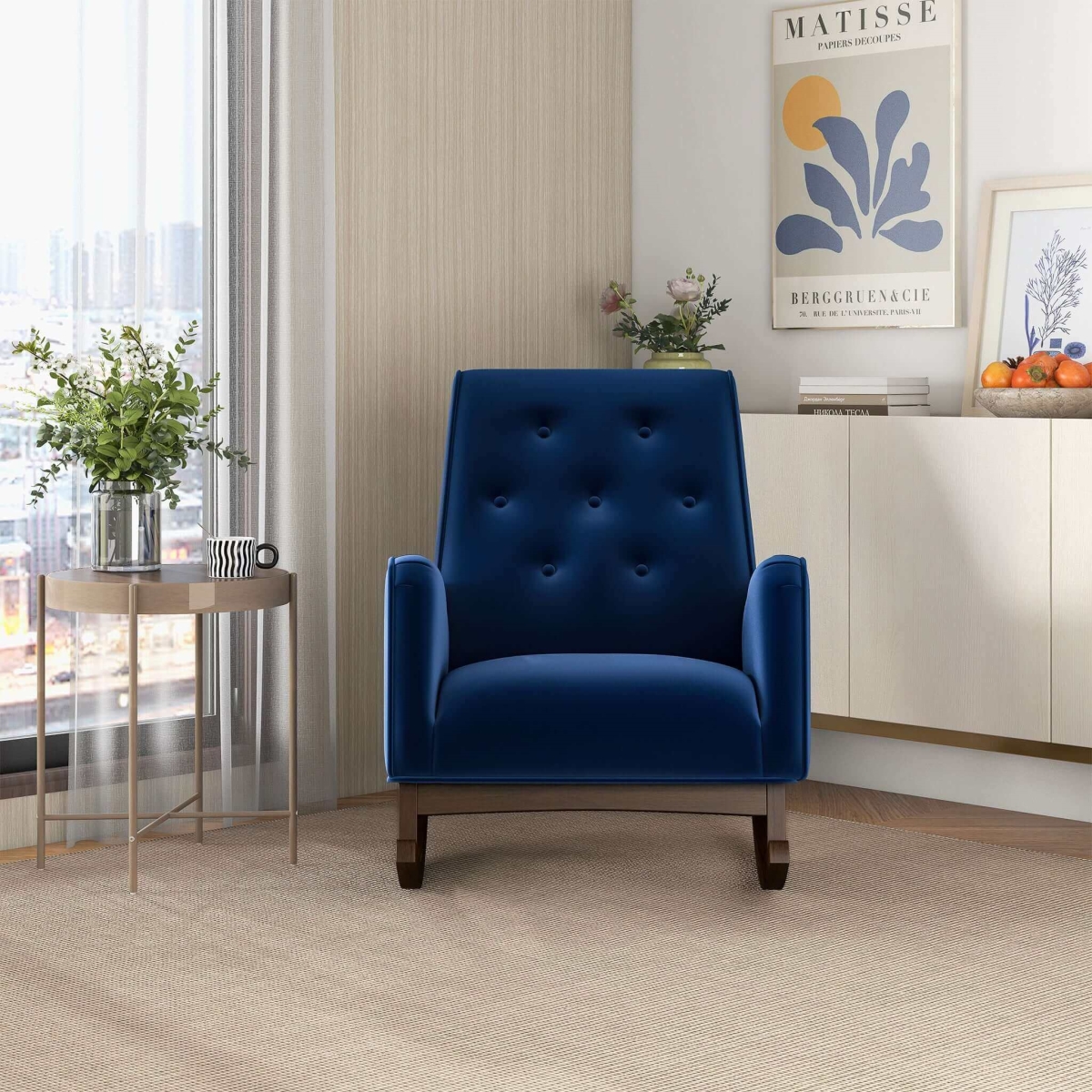 Picture of Ashcroft Furniture RCH00500501 Demetrius Dark Velvet Solid Wood Rocking Chair&#44; Blue