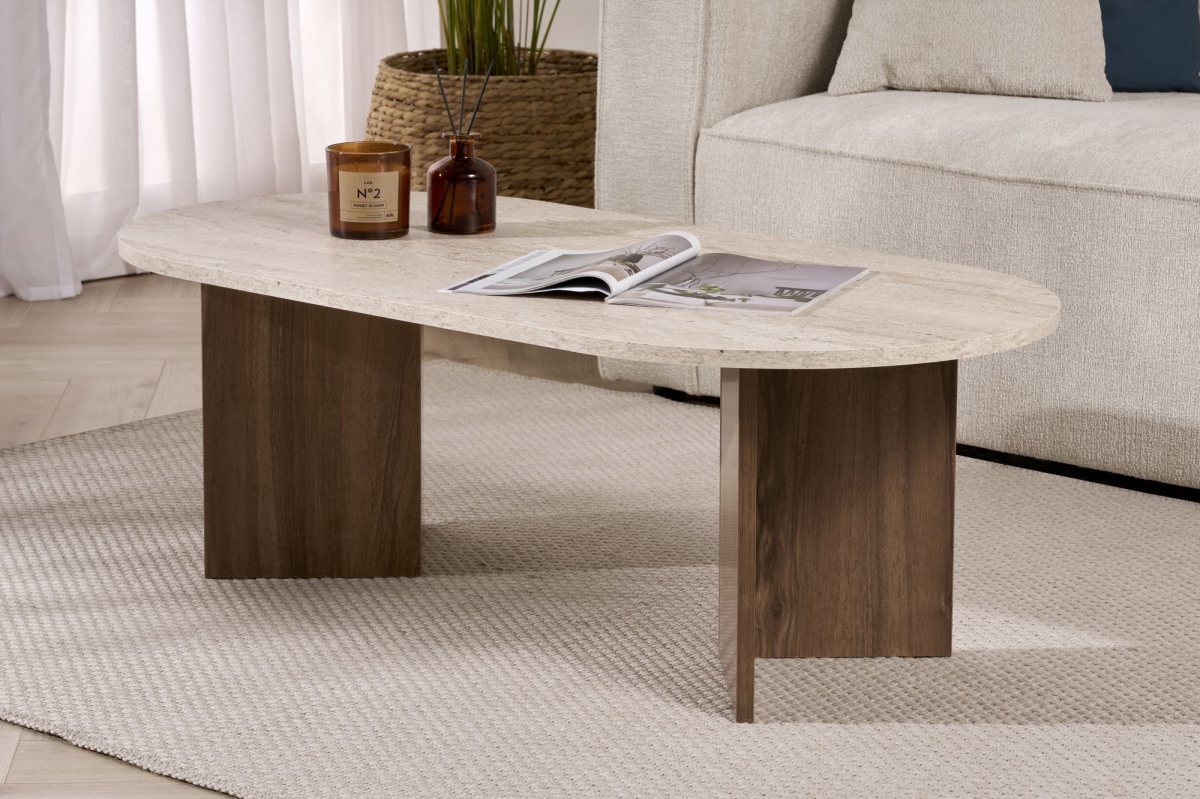 909NRD1125 23.62 x 15.75 x 46.85 in. Sable Coffee Table, Travertine & Walnut
