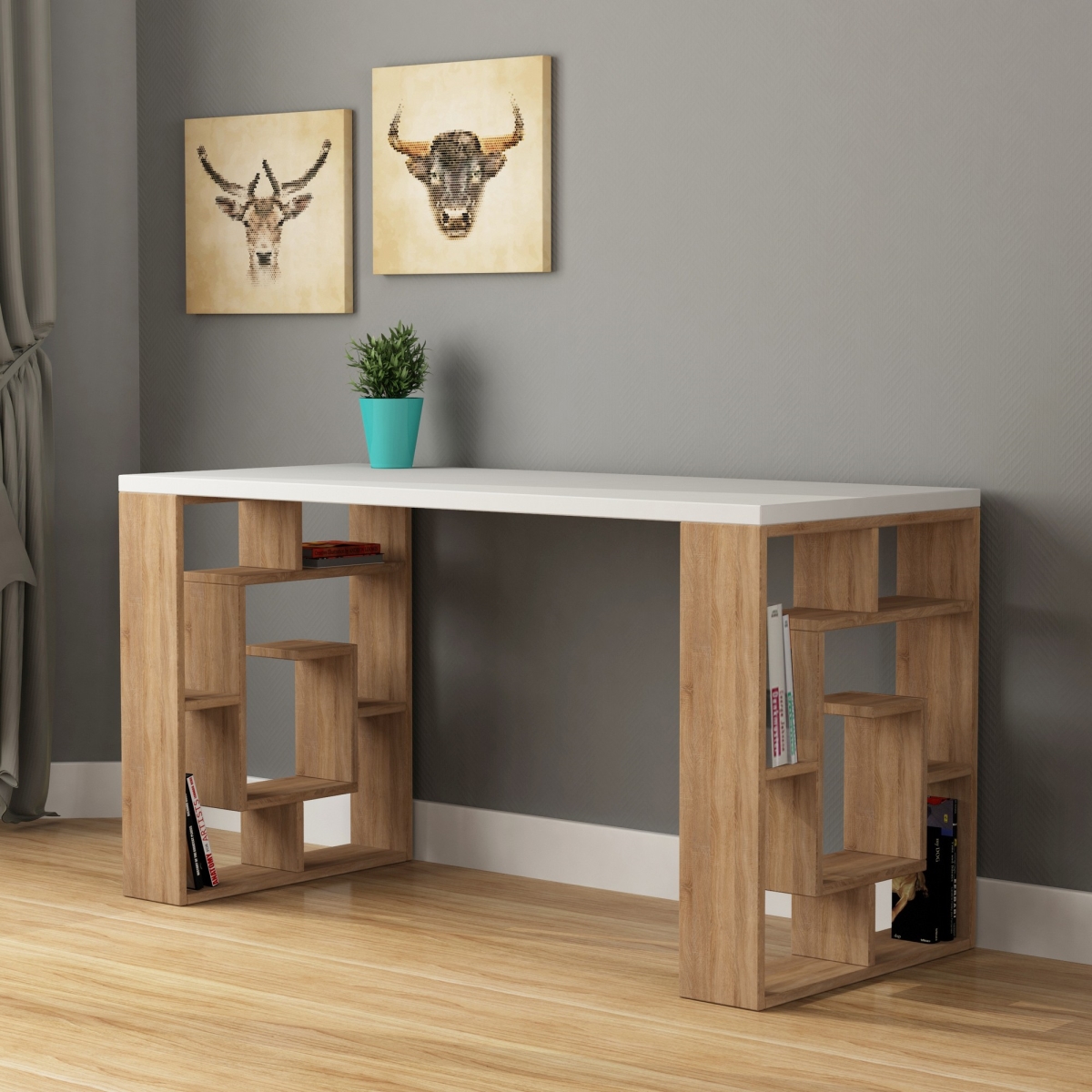 855DTE3835 23.62 x 29.53 x 55.12 in. Modern Study Desk with Shelves, White & Oak