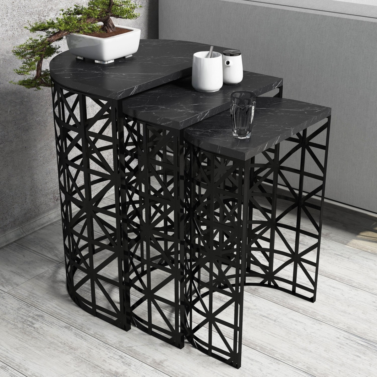 845HCT2865 12.99 x 24.41 x 18.11 in. Stil Nesting Table - Black Marble - 3 Piece