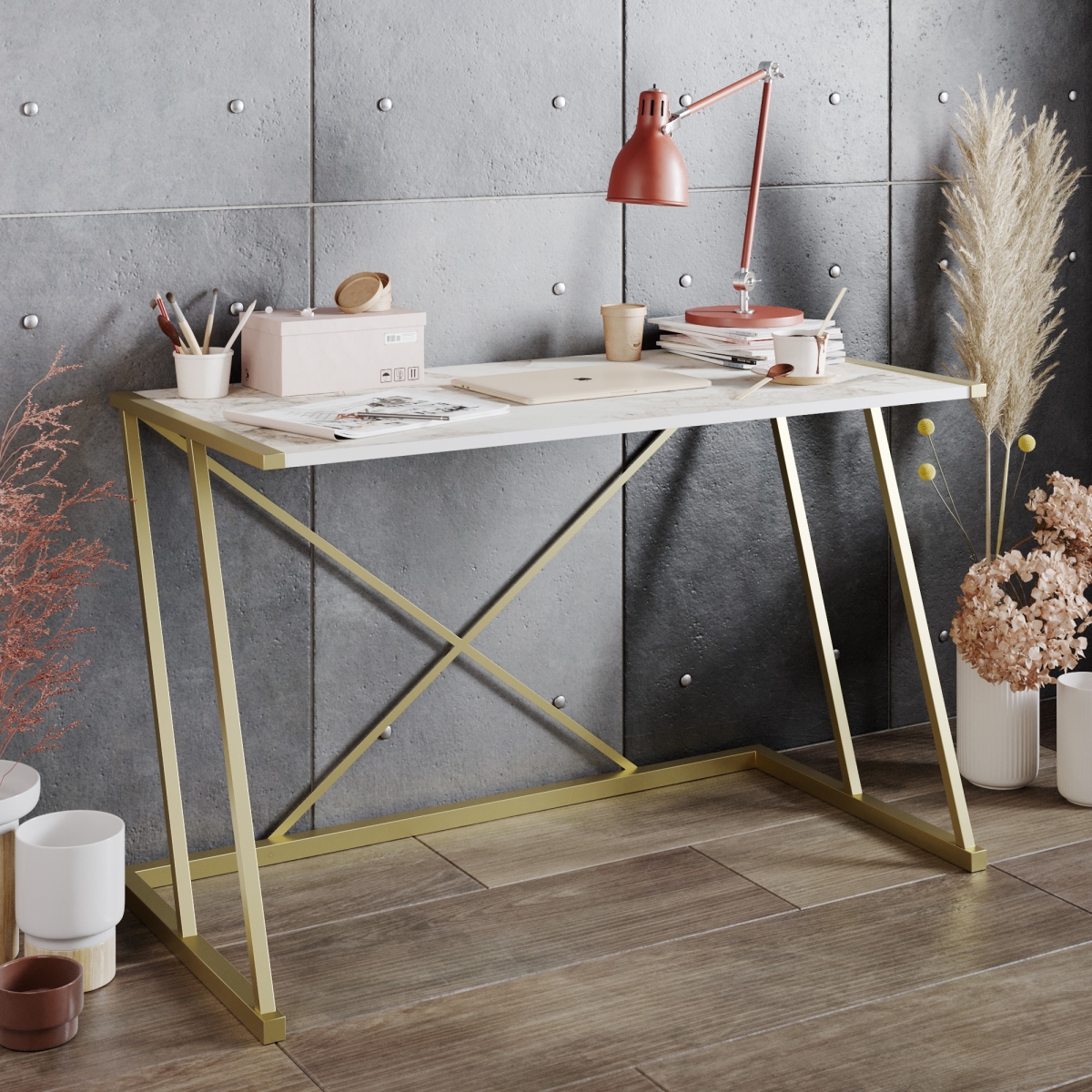541HDL1105 23.62 x 29.53 x 47.24 in. Anemon Study Desk - White & Gold