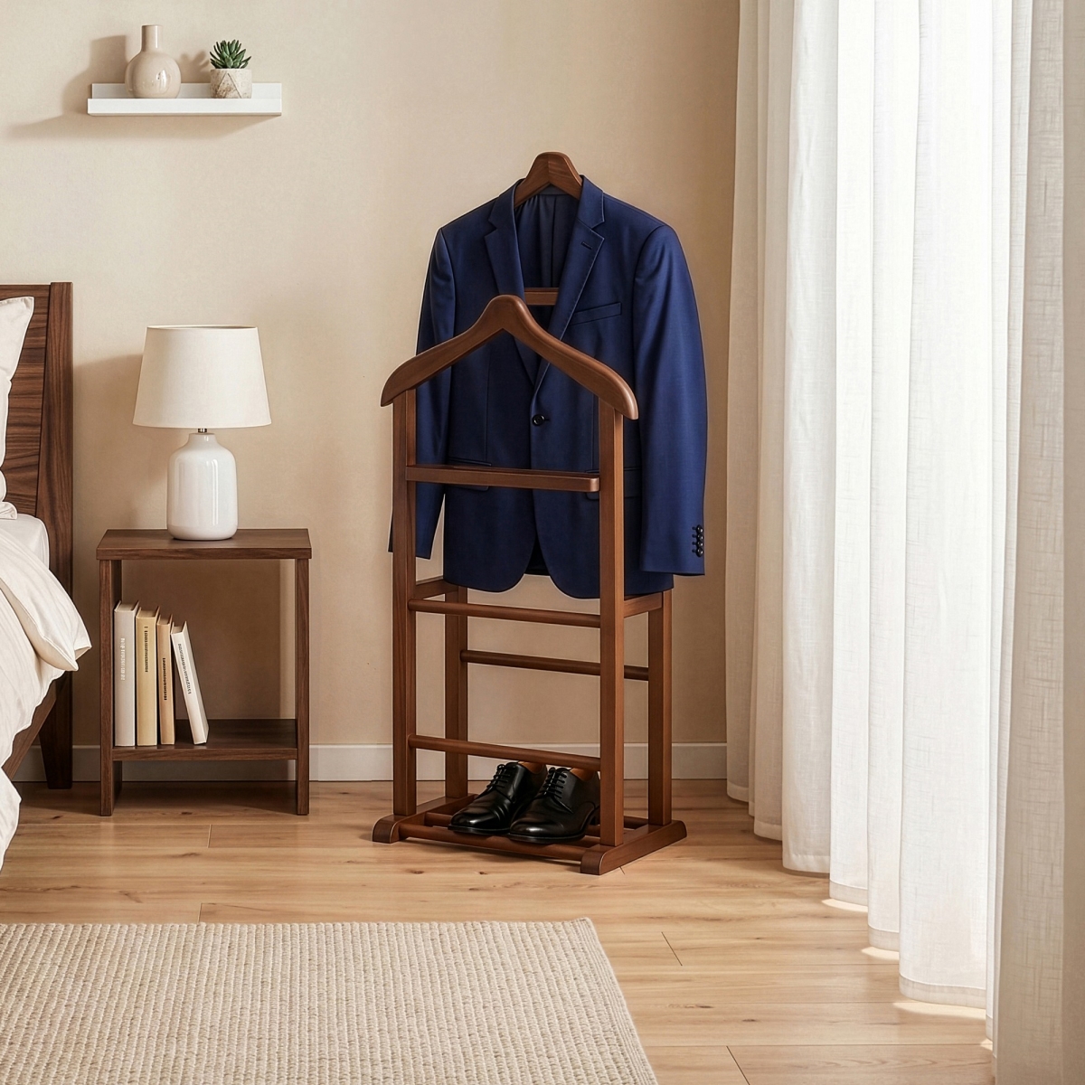 570VLT2402 18.11 x 47.24 x 13.19 in. Beta Double Valet Stand, Walnut