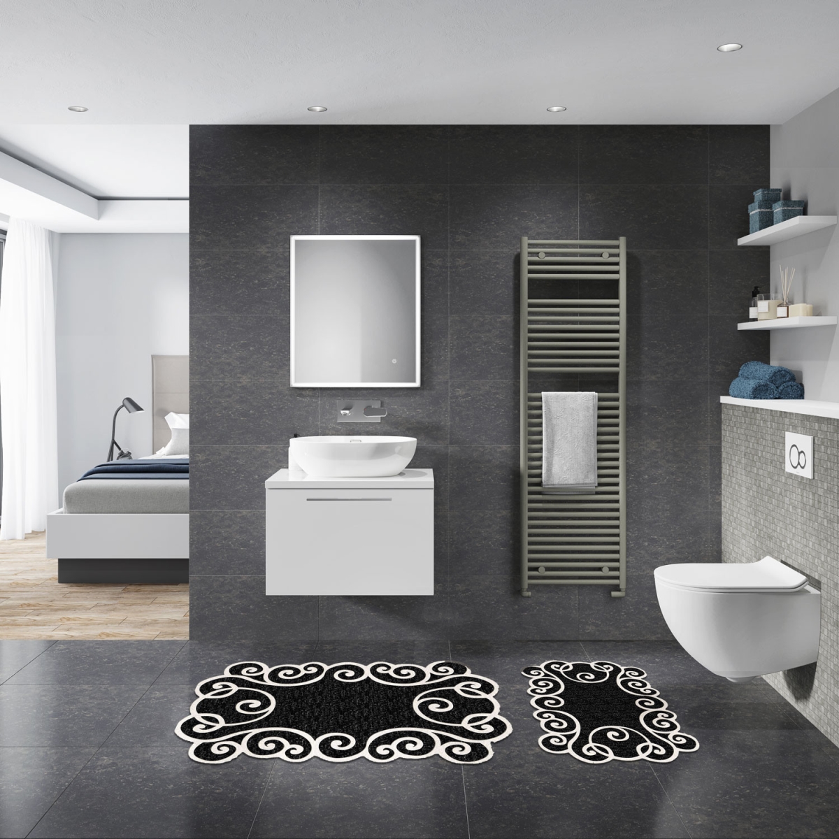 394ANR1484 Bathmat Set, Black & White - 2 Piece