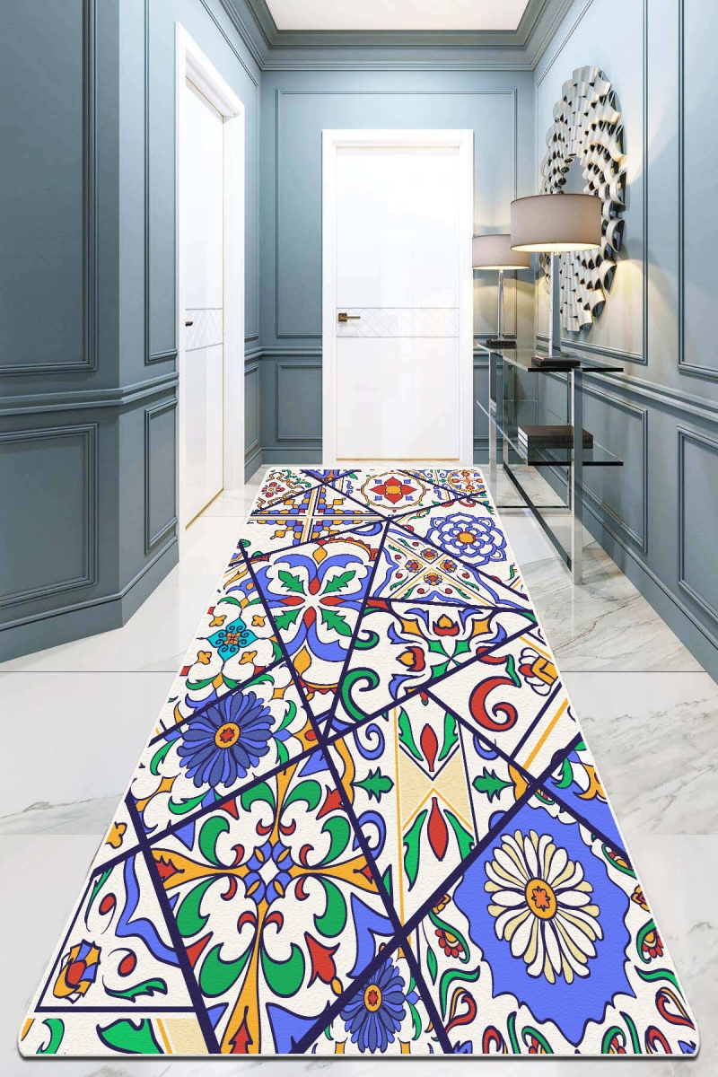 908CHL1859 100 x 300 cm Floral Tiles DJT Hall Carpet - Multi Color