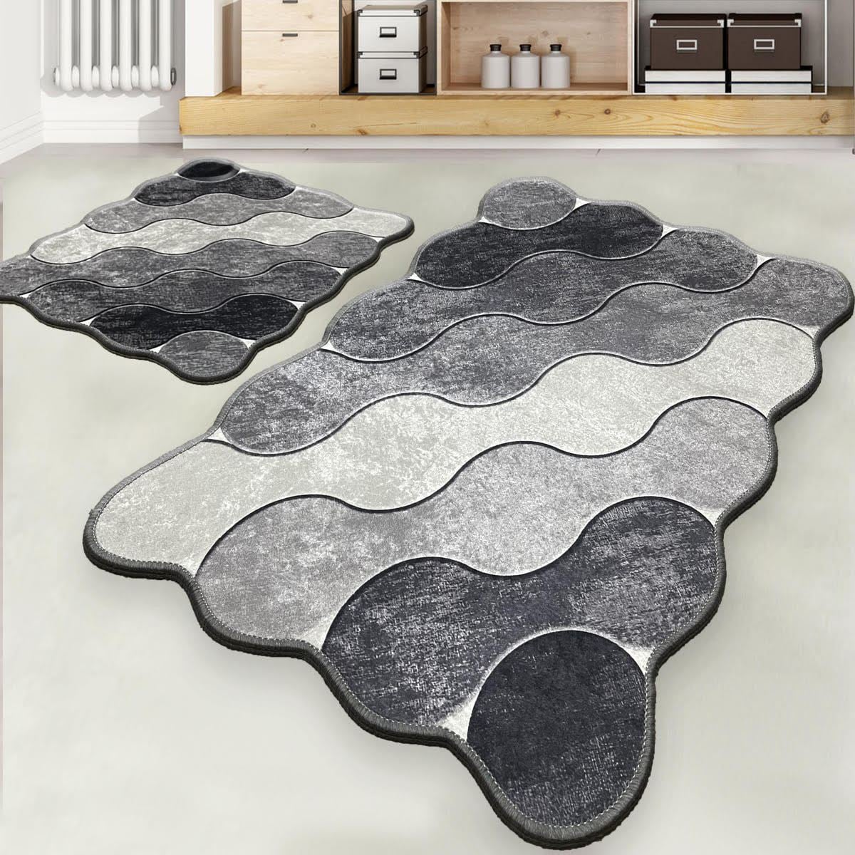 359CHL2567 Circle Bathmat Set, Grey, Light Grey & White - 2 Piece