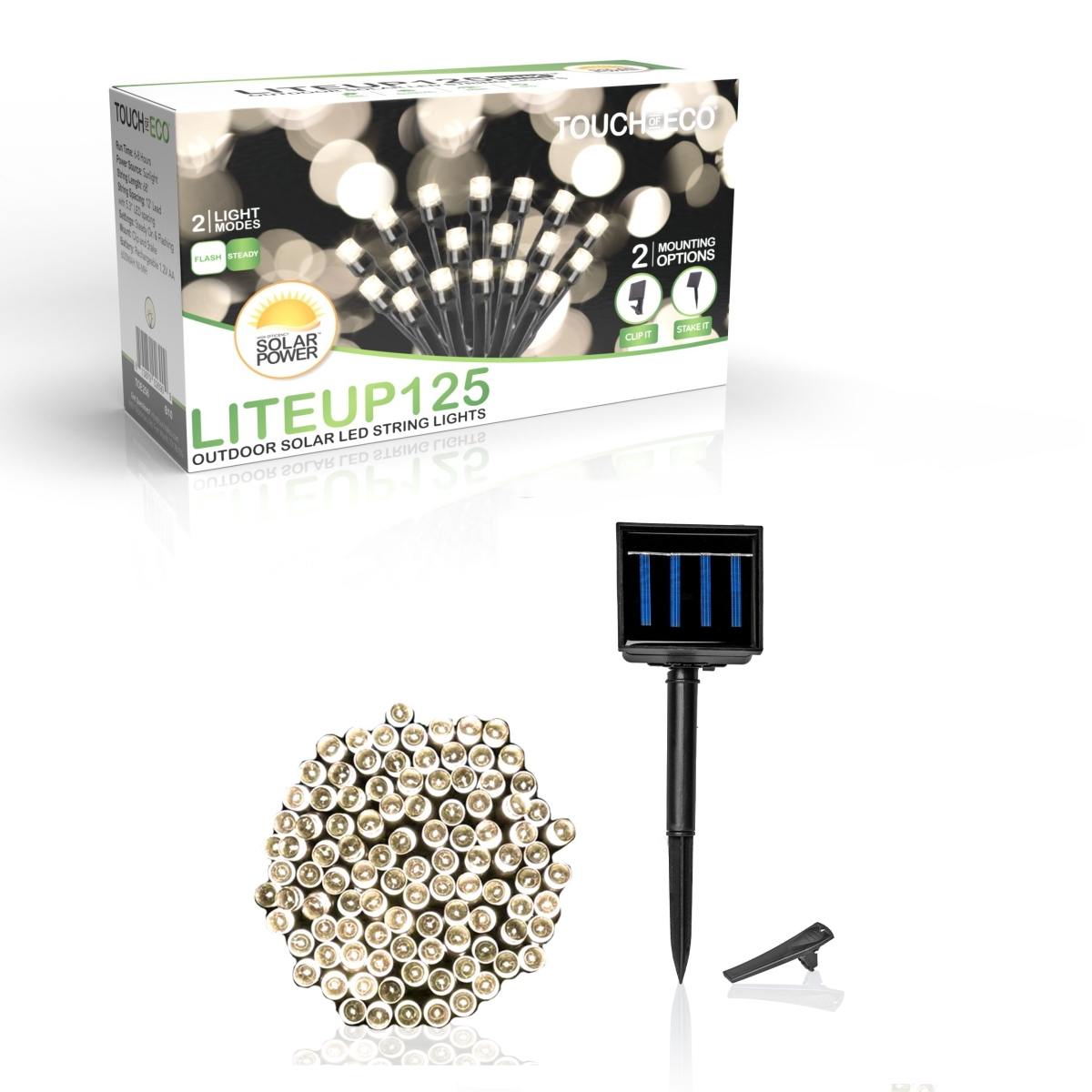 TOE256 Holiday LITEUP 125 Solar Powered LED Christmas String Light - Warm White