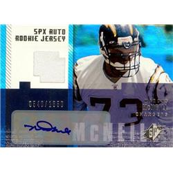 344459 Marcus McNeill Autographed Player Worn Jersey Patch Football Card - San Diego Chargers 2006 Upper Deck SPX Rookie No. 192