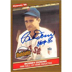 344470 Bobby Doerr Autographed Baseball Card - Boston Red Sox 1986 Donruss No. 32 Highlights Inscribed HOF 86