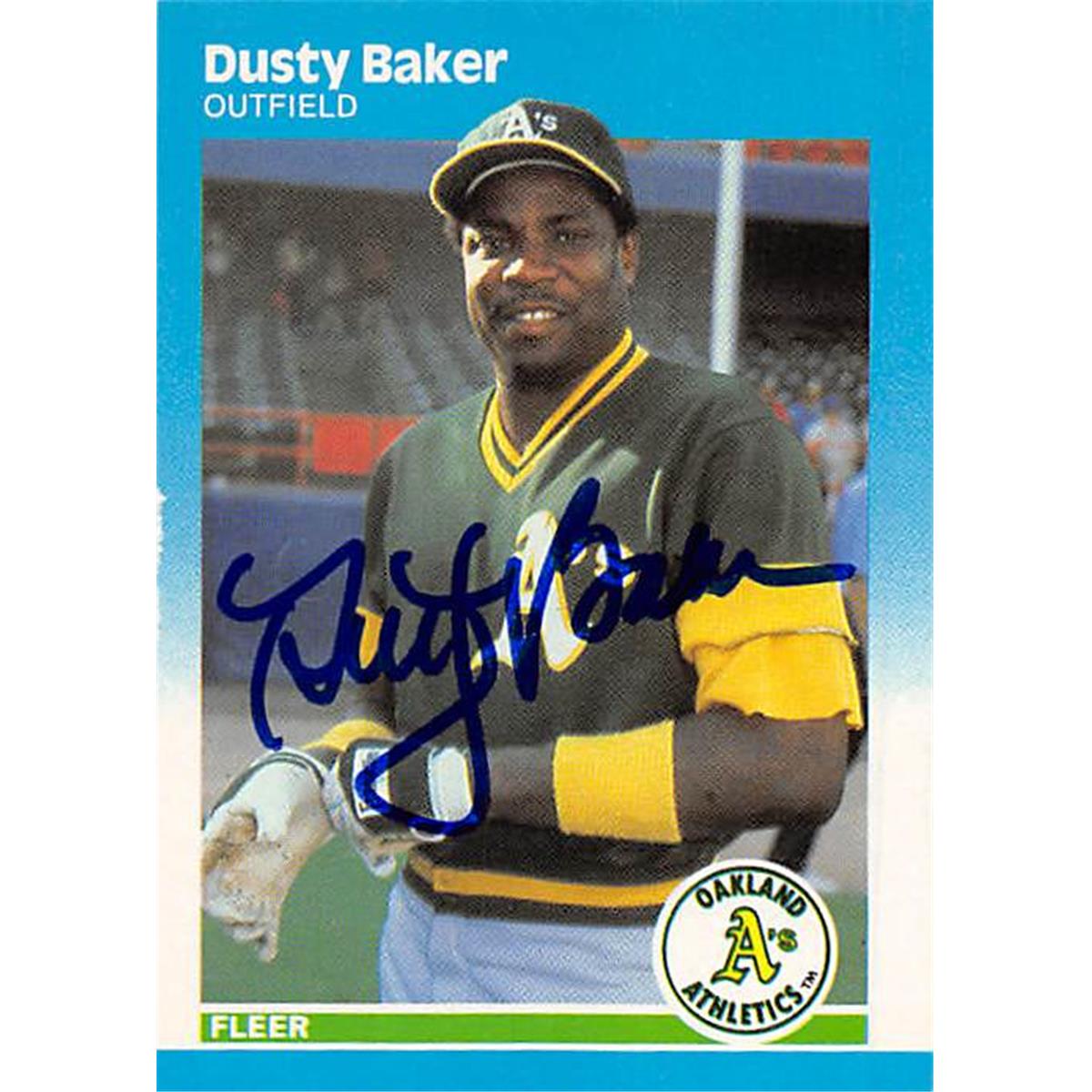344738 Dusty Baker Autographed Baseball Card - Oakland Athletics, SC 1987 Fleer No. 387