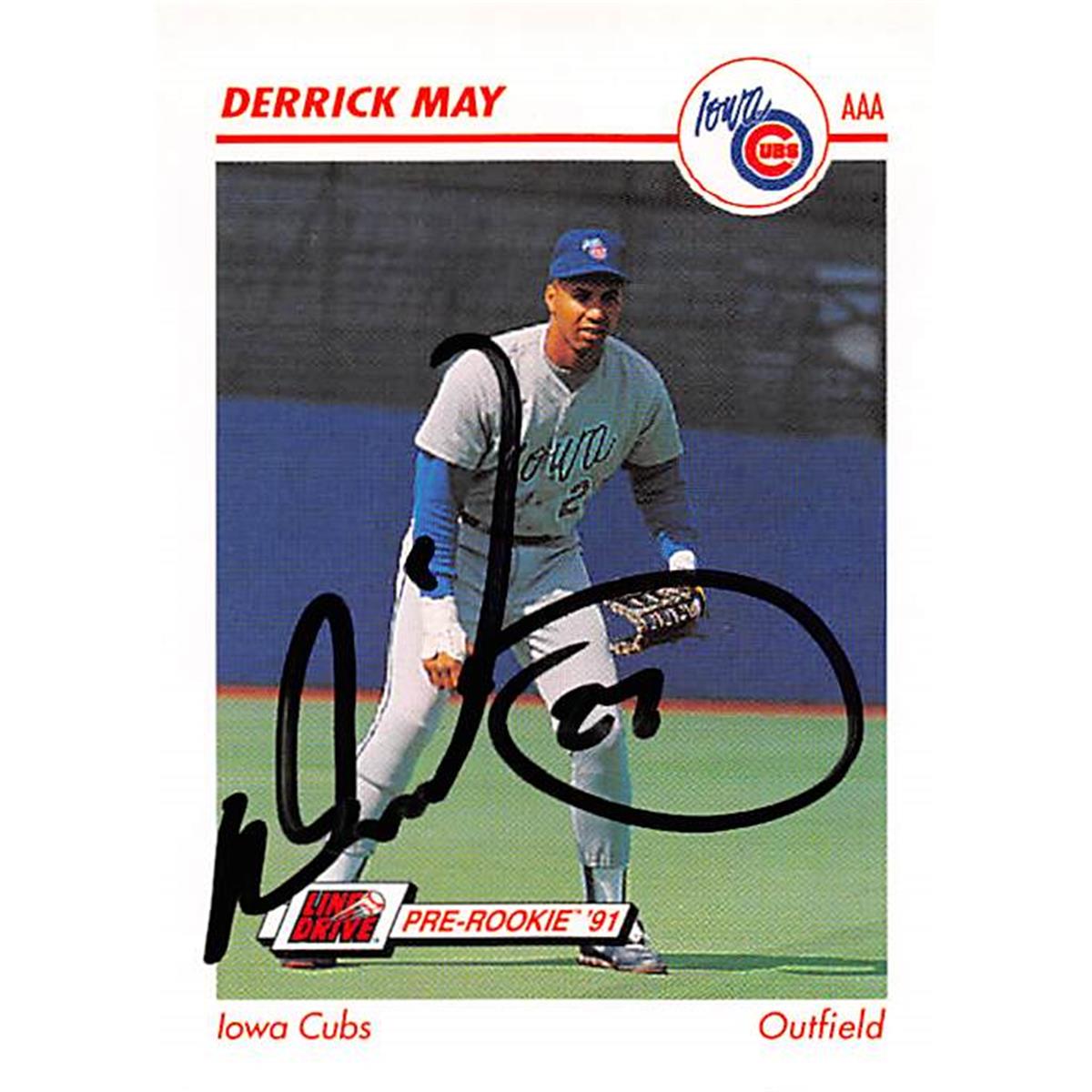 344188 Derrick May Autographed Baseball Card - Chicago Cubs, FT 1991 Impel Minor League Pre Rookie No. 209