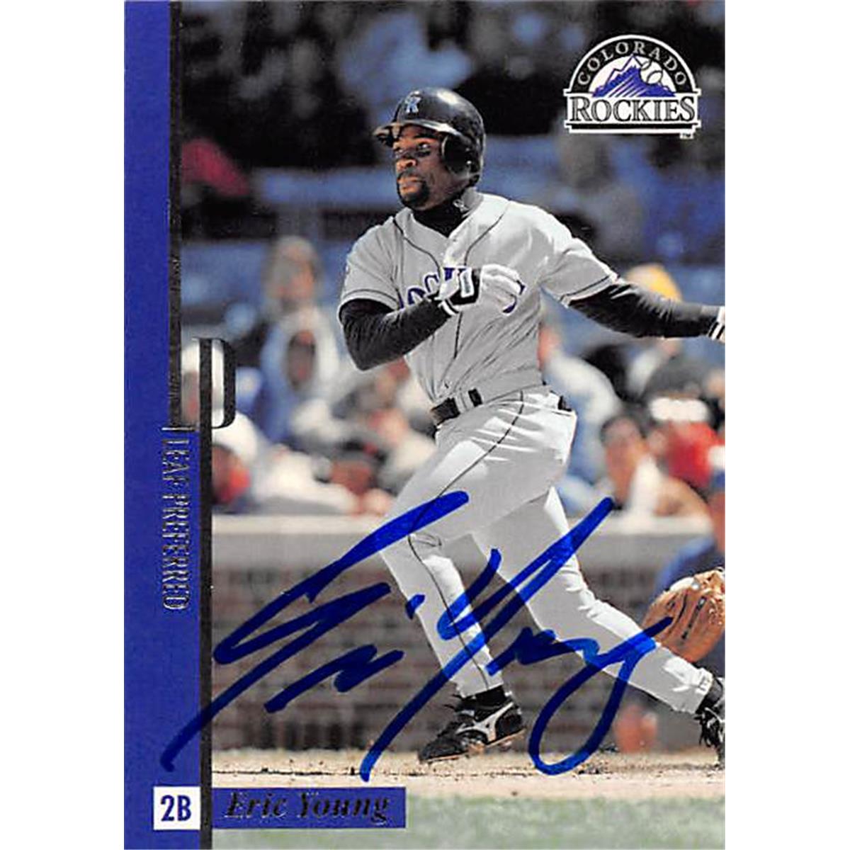 343912 Eric Young Autographed Baseball Card - Colorado Rockies, FT 1996 Leaf Preferred No. 95
