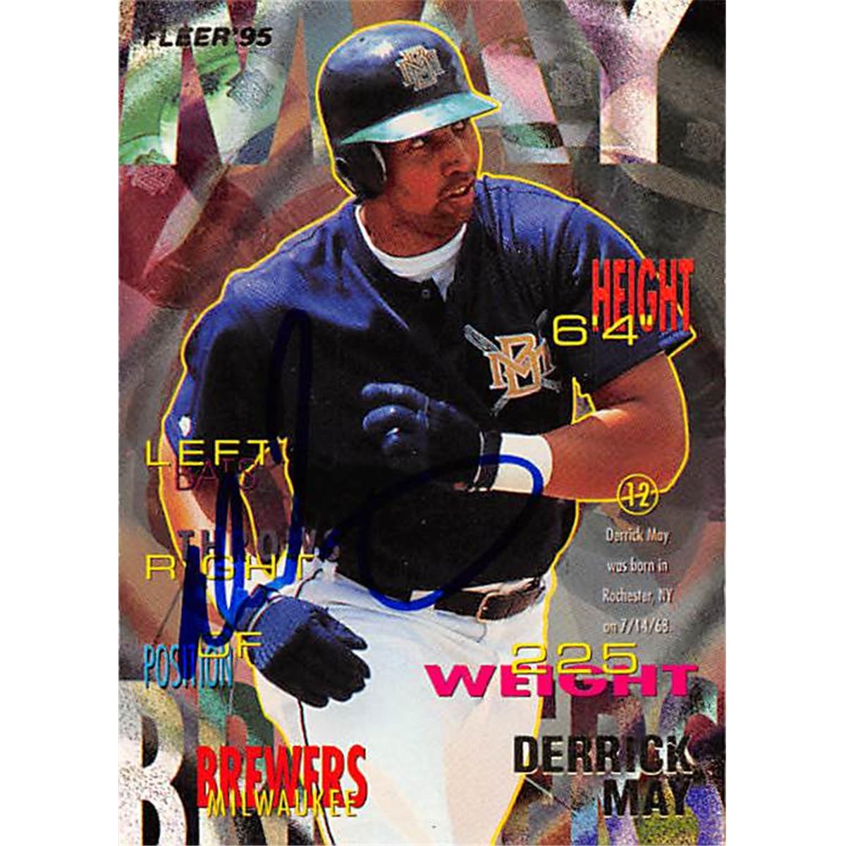 344077 Derrick May Autographed Baseball Card - Milwaukee Brewers, FT 1995 Fleer No. U54