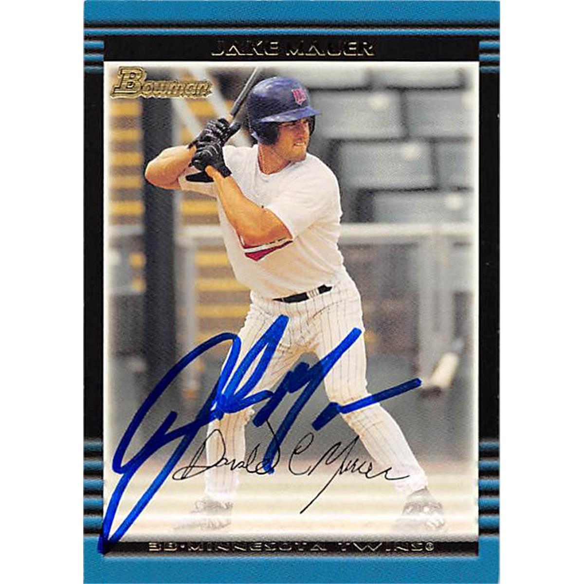 344126 Jake Mauer Autographed Baseball Card - Minnesota Twins, FT 2002 Bowman No. 388
