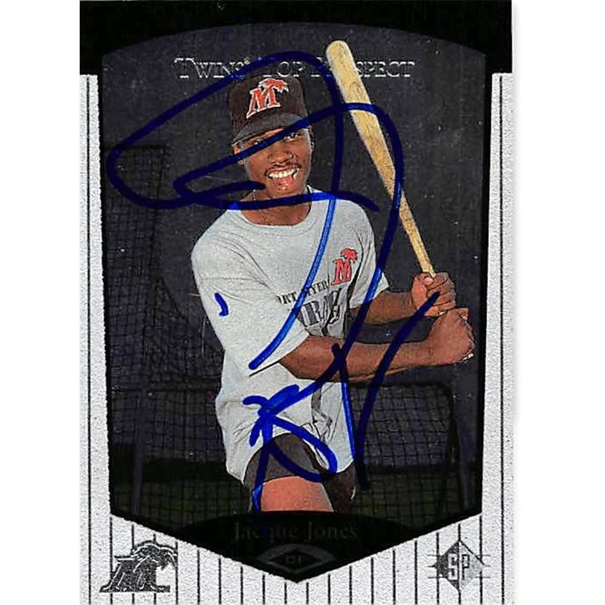 344140 Jacque Jones Autographed Baseball Card - Minnesota Twins, FT 1998 Upper Deck Top Prospects No. 76