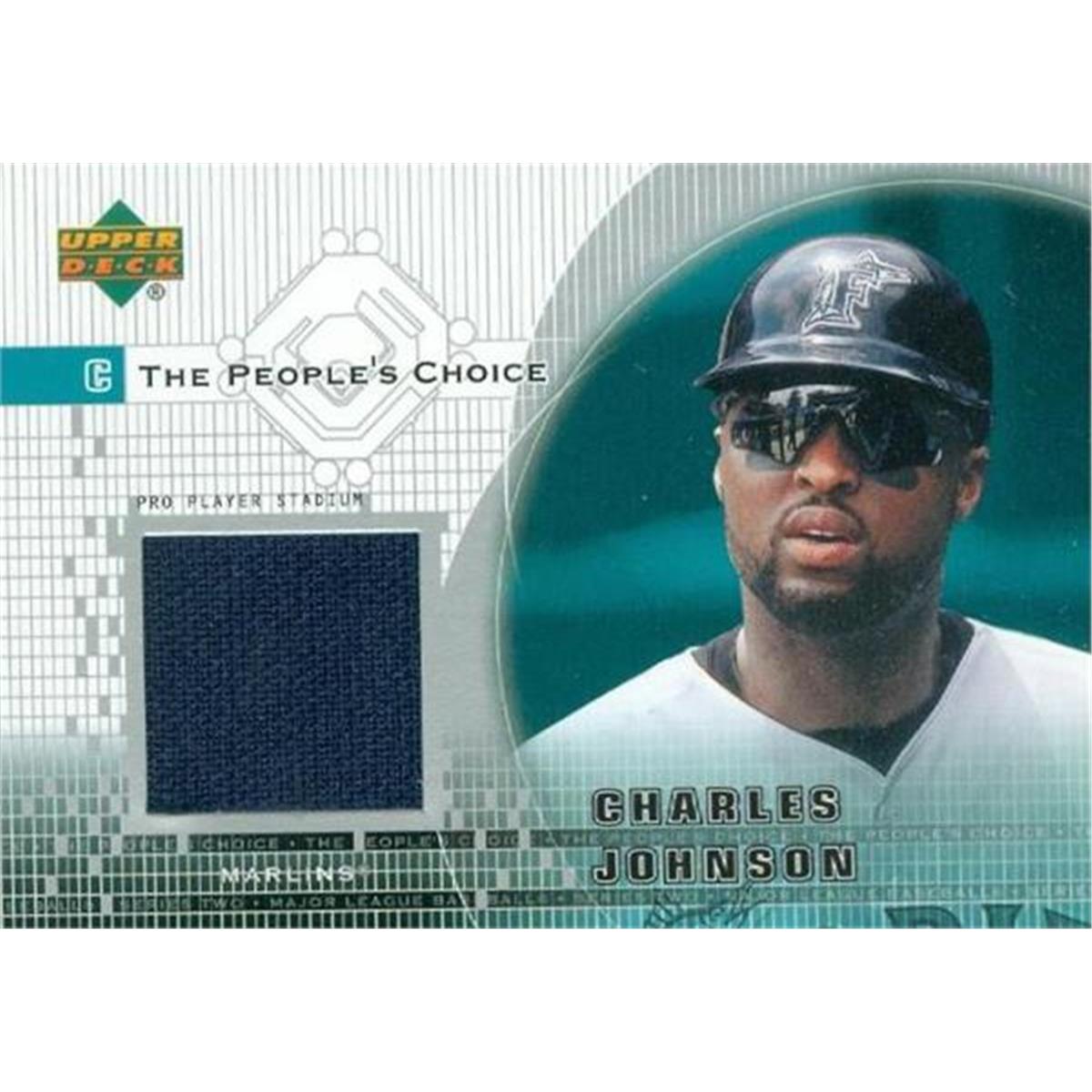 343534 Charles Johnson Player Worn Jersey Patch Baseball Card - Florida Marlins 2002 Upper Deck No. PJ-CJ