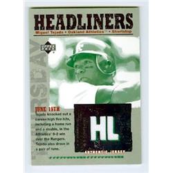 343622 Miguel Tejada Player Worn Jersey Patch Baseball Card - Oakland Athletics 67 2003 Upper Deck Headliners No. HLMT