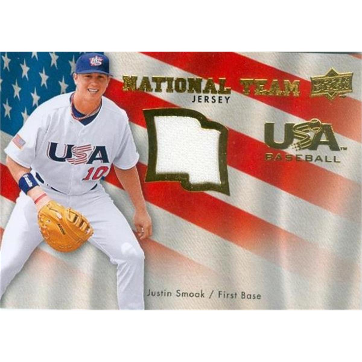 343409 Justin Smoak Player Worn Jersey Patch Baseball Card - Team USA 2008 Upper Deck No. USA-JS